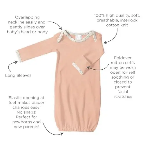 SwaddleDesigns Softest Cotton Baby Pajama Gown with Foldover Mitten Cuffs for Infant Boy and Girl, Newborn, 0-3 Months - 3