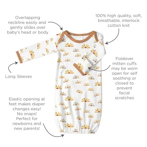 SwaddleDesigns Softest Cotton Baby Pajama Gown with Foldover Mitten Cuffs for Infant Boy and Girl, Newborn, 0-3 Months - 3