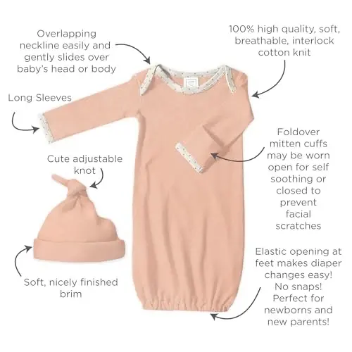 SwaddleDesigns Softest Cotton Baby Pajama Gown with Foldover Mitten Cuffs for Infant Boy and Girl, Newborn, 0-3 Months - 4