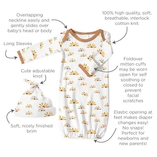SwaddleDesigns Softest Cotton Baby Pajama Gown with Foldover Mitten Cuffs for Infant Boy and Girl, Newborn, 0-3 Months - 3