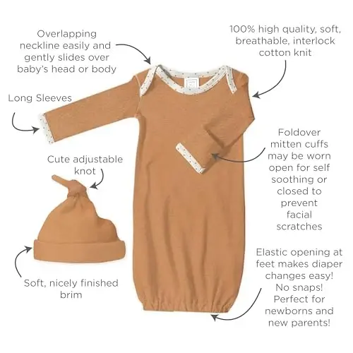 SwaddleDesigns Softest Cotton Baby Pajama Gown with Foldover Mitten Cuffs for Infant Boy and Girl, Newborn, 0-3 Months - 3