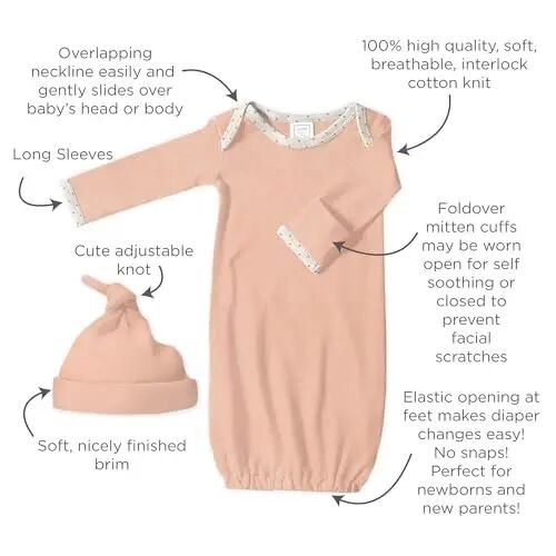 SwaddleDesigns Softest Cotton Baby Pajama Gown with Foldover Mitten Cuffs for Infant Boy and Girl, Newborn, 0-3 Months - 10