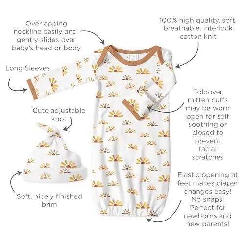 SwaddleDesigns Softest Cotton Baby Pajama Gown with Foldover Mitten Cuffs for Infant Boy and Girl, Newborn, 0-3 Months - 3