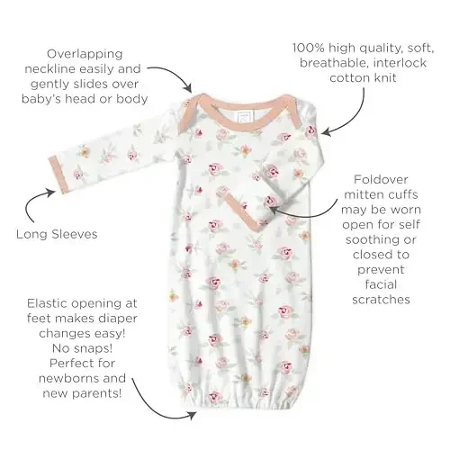 SwaddleDesigns Softest Cotton Baby Pajama Gown with Foldover Mitten Cuffs for Infant Boy and Girl, Newborn, 0-3 Months - 3