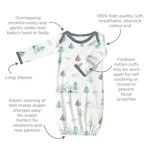 SwaddleDesigns Softest Cotton Baby Pajama Gown with Foldover Mitten Cuffs for Infant Boy and Girl, Newborn, 0-3 Months - 3