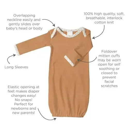 SwaddleDesigns Softest Cotton Baby Pajama Gown with Foldover Mitten Cuffs for Infant Boy and Girl, Newborn, 0-3 Months - 3