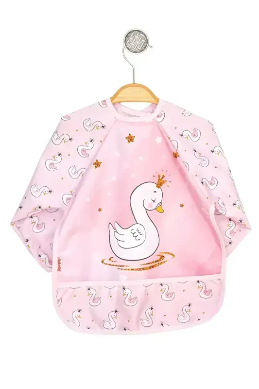 Swan Patterned Pink Liquid Proof Long Sleeve Bib and Activity Apron Waterproof Baby Bib - FLANDOLY
