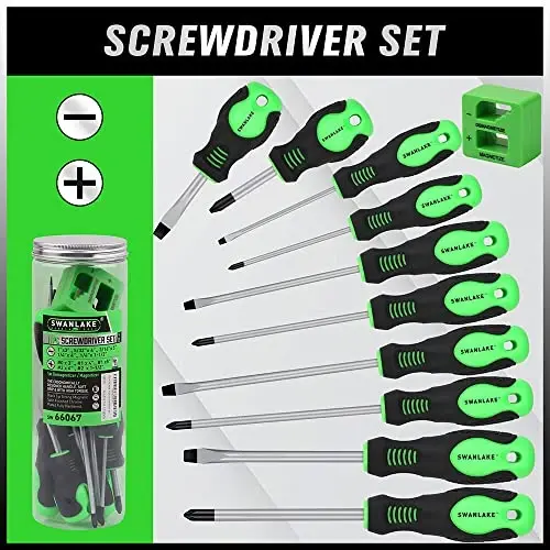 SWANLAKE 11PCS Screwdriver Set, Magnetic 5 Phillips and 5 Flat Head Tips for Fastening and Loosening Seized (11PCS) - SWANLAKE GARDEN TOOLS (1)
