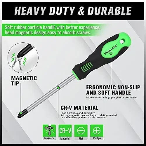 SWANLAKE 11PCS Screwdriver Set, Magnetic 5 Phillips and 5 Flat Head Tips for Fastening and Loosening Seized (11PCS) - 4