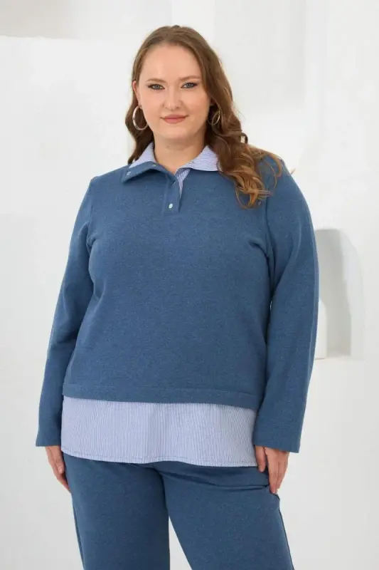 Sweatshirt Plus Size Blue That Looks Like a Shirt - BÜYÜKBEDENIZ
