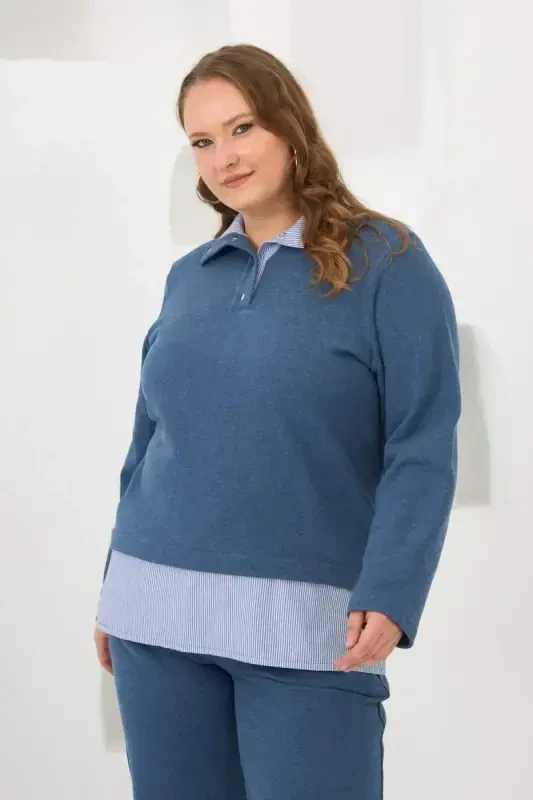 Sweatshirt Plus Size Blue That Looks Like a Shirt - 3