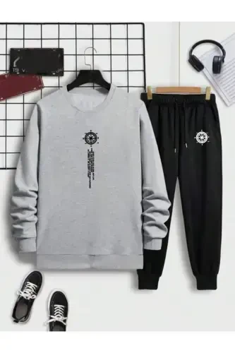 Sweatshirt Suit Bicycle Collar 2 Pcs Combination Vertical Print Women/Men Unisex Seasonal-GRAY+BLACK - X-COMPASS LIFE (1)