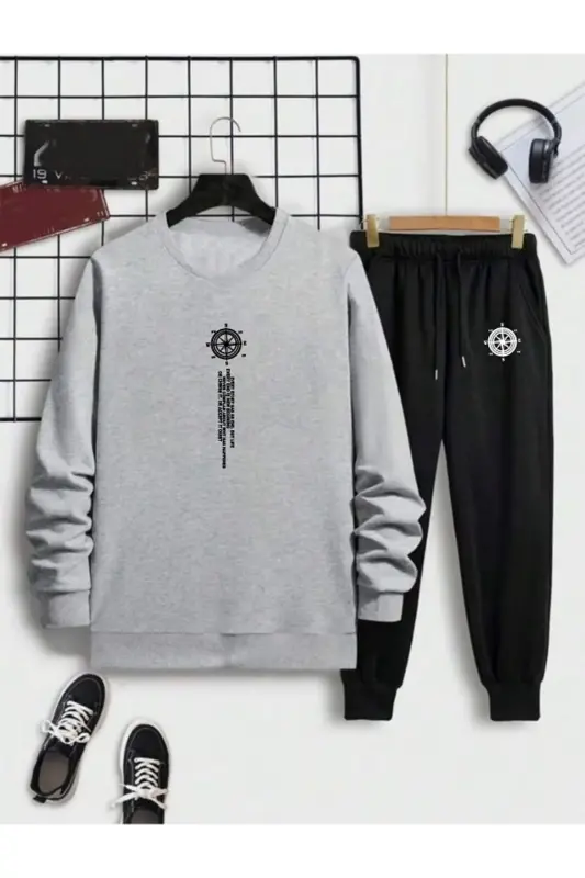 Sweatshirt Suit Bicycle Collar 2 Pcs Combination Vertical Print Women/Men Unisex Seasonal-GRAY+BLACK - 2