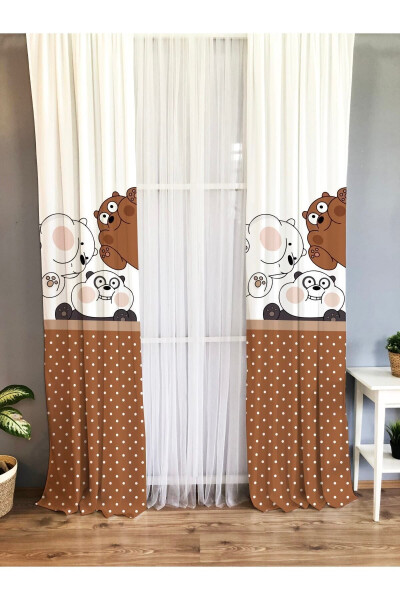 Sweet Bears Brown Patterned Baby and Kids Room Single Wing Blackout Curtain - White - 1