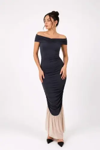 Sweetheart Neckline Draped Ruched Detail Fishtail Long Evening Dress - Indigo - 1