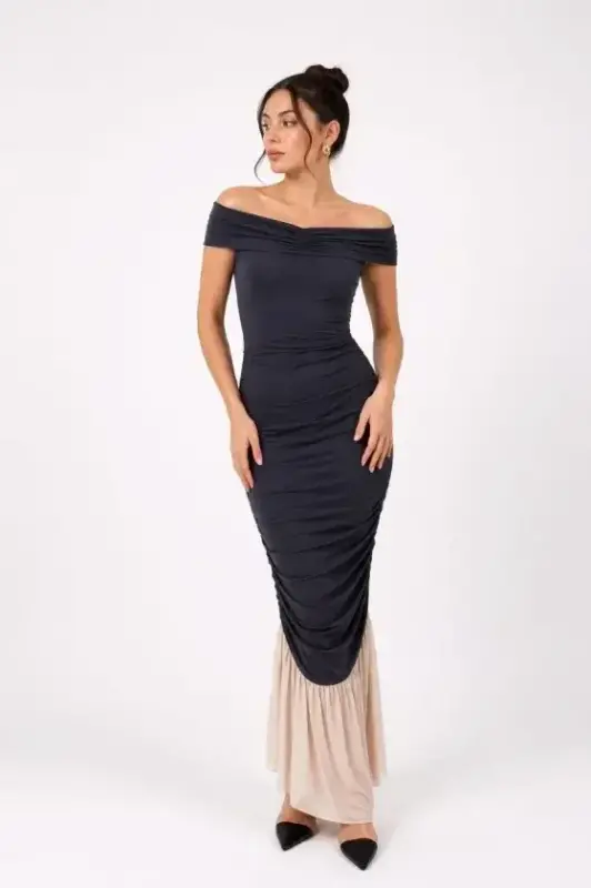Sweetheart Neckline Draped Ruched Detail Fishtail Long Evening Dress - Indigo - 1