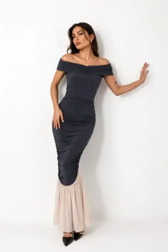 Sweetheart Neckline Draped Ruched Detail Fishtail Long Evening Dress - Indigo - BÜYÜKBEDENIZ (1)
