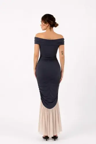 Sweetheart Neckline Draped Ruched Detail Fishtail Long Evening Dress - Indigo - 3
