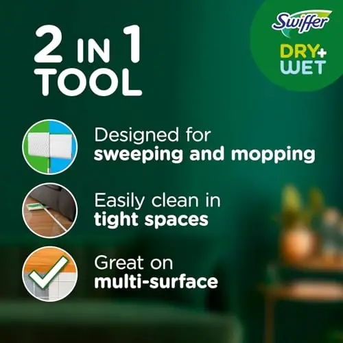 Swiffer Sweeper 2-in-1 Dry + Wet Floor Mopping and Sweeping Kit, Multi-Surface Kit for Floor Cleaning, Kit Includes 1 Sweeper, 14 Dry Sweeping Cloths, 5 Wet Mopping Cloths - 1
