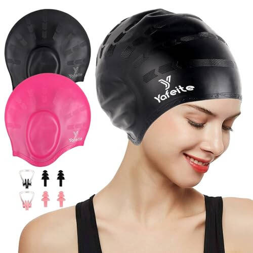 Swim Cap for Women Men - Large Silicone Swimming Cap for Long/Short Hair with 3D Ear Protection, Durable Non-Slip Waterproof Bath Swim Cap with Extra Room for Adults - 1