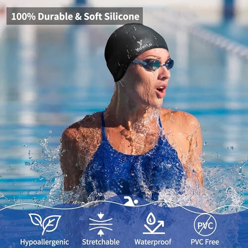 Swim Cap for Women Men - Large Silicone Swimming Cap for Long/Short Hair with 3D Ear Protection, Durable Non-Slip Waterproof Bath Swim Cap with Extra Room for Adults - 2