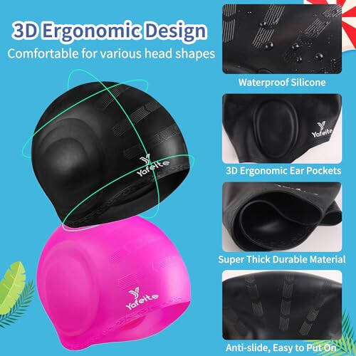 Swim Cap for Women Men - Large Silicone Swimming Cap for Long/Short Hair with 3D Ear Protection, Durable Non-Slip Waterproof Bath Swim Cap with Extra Room for Adults - 3