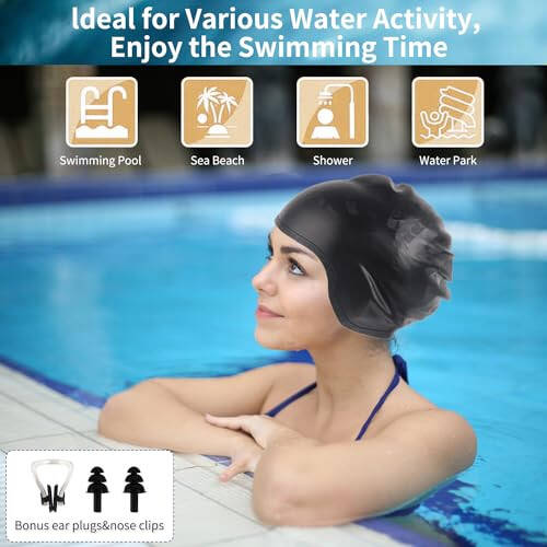 Swim Cap for Women Men - Large Silicone Swimming Cap for Long/Short Hair with 3D Ear Protection, Durable Non-Slip Waterproof Bath Swim Cap with Extra Room for Adults - 4