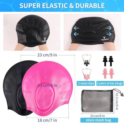 Swim Cap for Women Men - Large Silicone Swimming Cap for Long/Short Hair with 3D Ear Protection, Durable Non-Slip Waterproof Bath Swim Cap with Extra Room for Adults - 5