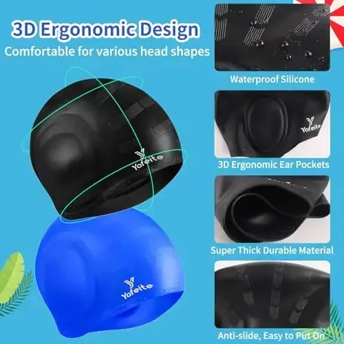 Swim Cap for Women Men - Large Silicone Swimming Cap for Long/Short Hair with 3D Ear Protection, Durable Non-Slip Waterproof Bath Swim Cap with Extra Room for Adults - 3