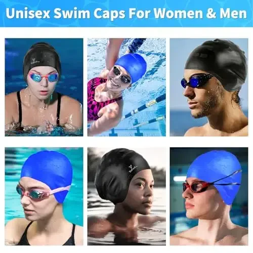 Swim Cap for Women Men - Large Silicone Swimming Cap for Long/Short Hair with 3D Ear Protection, Durable Non-Slip Waterproof Bath Swim Cap with Extra Room for Adults - 7