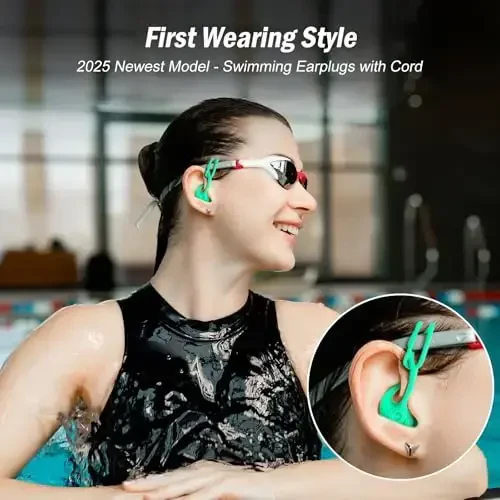 Swimming Ear Plugs for Adults, 4 Pairs Waterproof Reusable Silicone Swim Earplugs with Removable Cord, Perfect for Swimming, Showering, Surfing and Other Water Sports - Two Wearing Styles - 2