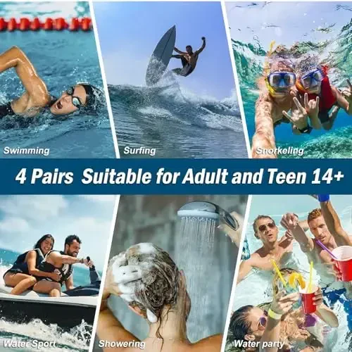 Swimming Ear Plugs for Adults, 4 Pairs Waterproof Reusable Silicone Swim Earplugs with Removable Cord, Perfect for Swimming, Showering, Surfing and Other Water Sports - Two Wearing Styles - 5