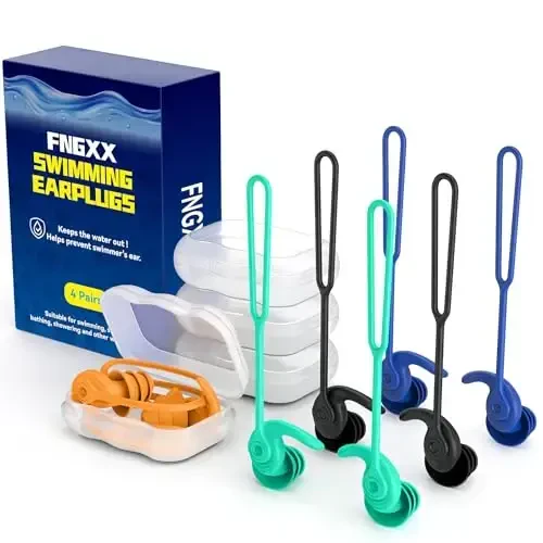 Swimming Ear Plugs for Adults, 4 Pairs Waterproof Reusable Silicone Swim Earplugs with Removable Cord, Perfect for Swimming, Showering, Surfing and Other Water Sports - Two Wearing Styles - 7