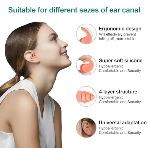 Swimming Ear Plugs for Adults,3 Pairs Waterproof Reusable Silicone Swim Earplugs for Swimming Surfing Snorkeling Showering and Water Pool,Beach,Ocean (Adults & Teens 14+) - 2