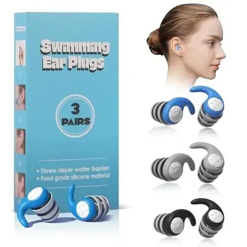Swimming Ear Plugs for Adults,3 Pairs Waterproof Silicone Reusable Swim Earplugs for Swimming Surfing Diving Showering, Recommended for 12 Years Olds up - 1