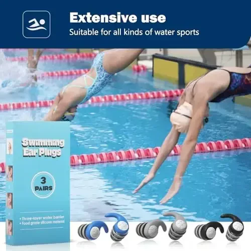 Swimming Ear Plugs for Adults,3 Pairs Waterproof Silicone Reusable Swim Earplugs for Swimming Surfing Diving Showering, Recommended for 12 Years Olds up - 6