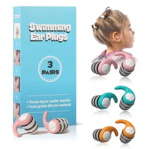 Swimming Ear Plugs for Kids, 3 Pairs Waterproof Silicone Swim Earplugs for Swimming Surfing Diving Showering for 4-12 Years Olds Children and Small Ear Teens (Light Pink, Cyan, Orange) - KIDS