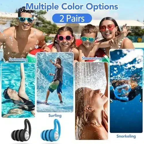 Swimming Ear Plugs Waterproof Earplugs - 2 Pairs Silicone Swim Ear Plugs for Adult Kids, Water Sports Earplugs for Showering, Bathing, Surfing - Keep Ear Water Out - 5