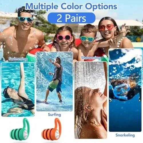Swimming Ear Plugs Waterproof Earplugs - 2 Pairs Silicone Swim Ear Plugs for Adult Kids, Water Sports Earplugs for Showering, Bathing, Surfing - Keep Ear Water Out - 5