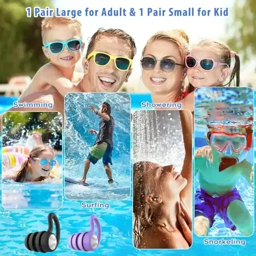Swimming Ear Plugs Waterproof Earplugs - 2 Pairs Silicone Swim Ear Plugs for Adult Kids, Water Sports Earplugs for Showering, Bathing, Surfing - Keep Ear Water Out - 5