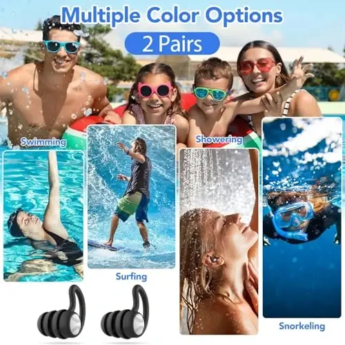 Swimming Ear Plugs Waterproof Earplugs - 3 Pairs Silicone Swim Ear Plugs for Adult Kids, Water Sports Earplugs for Showering, Bathing, Surfing - Keep Ear Water Out (Black, Black) - 5
