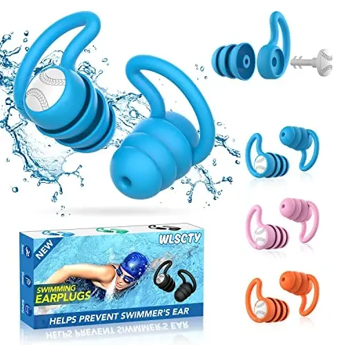 Swimming Ear Plugs Waterproof Earplugs - 3 Pairs Silicone Swim Ear Plugs for Adult Kids, Water Sports Earplugs for Showering, Bathing, Surfing - Keep Ear Water Out (Blue,Pink,Orange, One Size) - SWIMMING