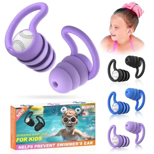 Swimming Ear Plugs Waterproof Earplugs - 3 Pairs Silicone Swim Ear Plugs for Kids, Water Sports Earplugs for Showering, Bathing, Surfing - Keep Ear Water Out (Kids- Black, Pruple, Blue) 