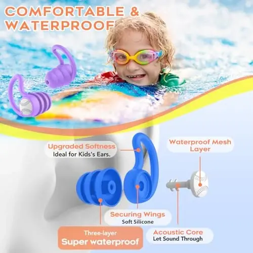 Swimming Ear Plugs Waterproof Earplugs - 3 Pairs Silicone Swim Ear Plugs for Kids, Water Sports Earplugs for Showering, Bathing, Surfing - Keep Ear Water Out (Kids- Black, Pruple, Blue) - SWIMMING (1)