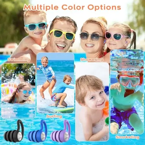 Swimming Ear Plugs Waterproof Earplugs - 3 Pairs Silicone Swim Ear Plugs for Kids, Water Sports Earplugs for Showering, Bathing, Surfing - Keep Ear Water Out (Kids- Black, Pruple, Blue) - 5