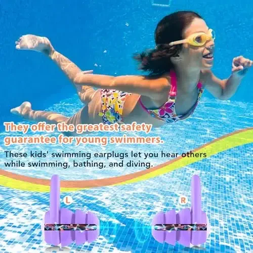 Swimming Ear Plugs Waterproof Earplugs - 3 Pairs Silicone Swim Ear Plugs for Kids, Water Sports Earplugs for Showering, Bathing, Surfing - Keep Ear Water Out (Kids- Black, Pruple, Blue) - 4