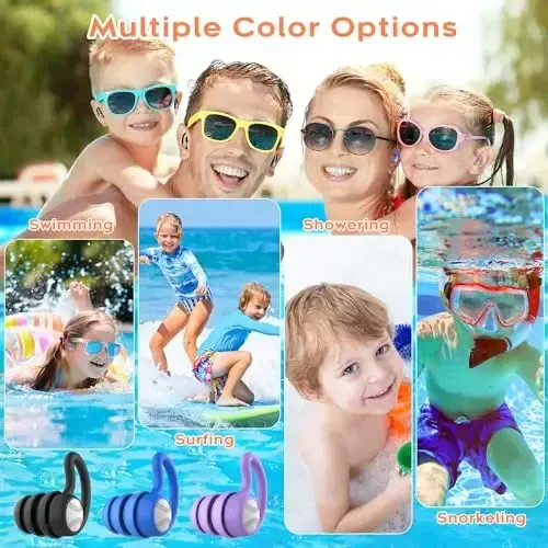 Swimming Ear Plugs Waterproof Earplugs - 3 Pairs Silicone Swim Ear Plugs for Kids, Water Sports Earplugs for Showering, Bathing, Surfing - Keep Ear Water Out (Kids- Black, Pruple, Blue) - 5