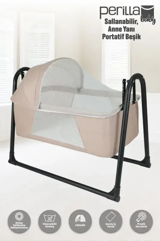 Swingable Portable Crib with Mosquito Net, Bedside Sleeper, Brown-brown - 1