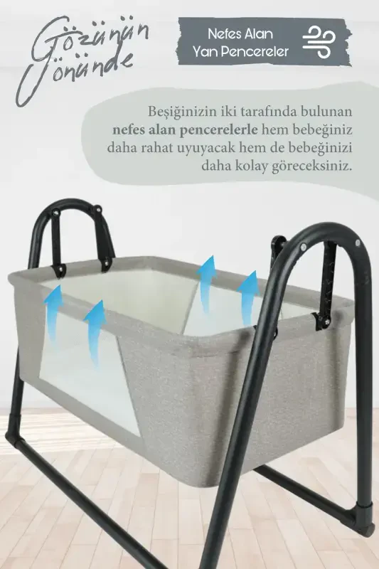 Swingable Portable Crib with Mosquito Net, Bedside Sleeper, Brown-brown - 3