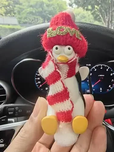 Swining Duck Gifts with Hat/Scarf Car Mirror Hanging Accessories Cars Rearview Mirrors Charms for Wome Men Interior Cute Thing for Jeep Winter Rear View Stuff Must Haves for Kids Girls - 2